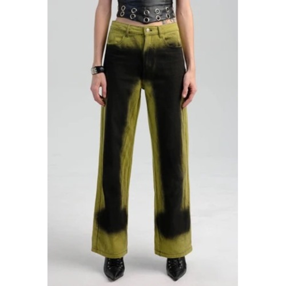 Pretty Damage Green/Black Spray‎ Paint Cotton Wide Leg Jean High Rise Streetwear